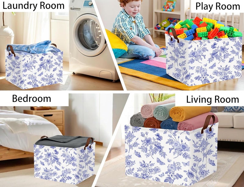 BOOHIT Large Blue Chinoiserie Willow Butterfly Decor Basket Collapsible Storage Bin (Floral) - Image 5